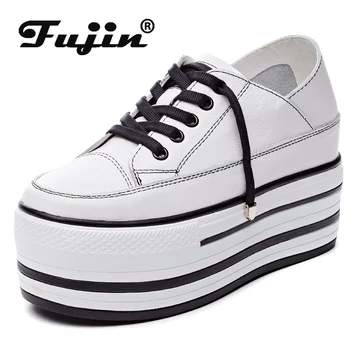 Fujin 9 cm Kadın Ayakkabı Hakiki Deri Kaykay Platformu Kama Baba Ayakkabı Tıknaz Sneakers Beyaz Siyah Terlik Katır Kadın Ayakkabı 0