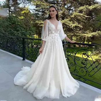 Zarif A-Line düğün elbisesi V Yaka 2022 Spagetti Sapanlar Boncuklu Aplikler Backless Gelin Elbiseler Parlayan Prenses gelin kıyafeti