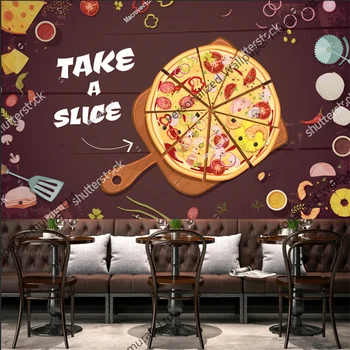 Pizza Dilimleri Mutfak Tahtası ve Malzemeler Özel Duvar Kağıdı Fast Food Restoran Snack Bar Papel De Parede 3d 3