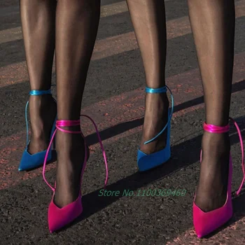 Ayak bileği Çapraz Kayış Saten Sandalet Roma Dantel-up İpek Malzeme Şeker Renk Sığ Sivri Burun Stiletto Katı Podyum Kadın Ayakkabı