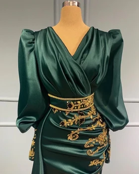 Yeşil Saten Aplikler Uzun Kollu Mermaid Balo Elbise 2022 Boncuklu V Boyun Örgün Abiye giyim Robe De Soiree