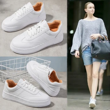 Moda Beyaz Hakiki Deri Kadın Tıknaz Ayakkabı Lace Up Tenis Feminino Zapatos De Mujer Platformu Kadın Rahat ayakkabı