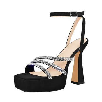 Zarif Tıknaz Topuk Kristal Seksi platform sandaletler Kadınlar İçin 2023 Yaz Toka Kayış Düğün Ayakkabı Yüksek Topuk Elbise Sandalet