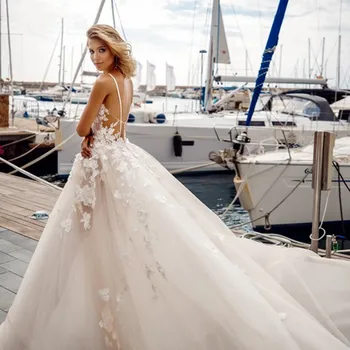 Boho düğün elbisesi 2022 Basit O-boyun Tül Plaj Parti Kıyafeti A-Line Aplikler Vestido De Novia Custom Made Sivil Robe De Mariee