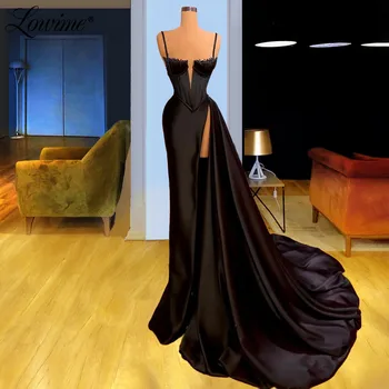 Lowime Siyah Spagetti Sapanlar Uzun Abiye 2021 Couture Boncuklu Dubai Tasarım Orta Doğu Kadınlar Artı Parti Kıyafeti Balo Elbise