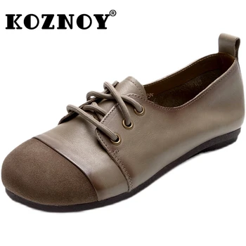 Koznoy 1. 5cm2022 Retro Vintage Yuvarlak Ayak Hakiki Deri Etnik Rahat Yaz Anne Kaymaz Kadın Oxford Taban Sığ Dantel Ayakkabı 0