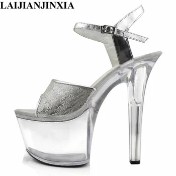 LAIJIANJINXIA Yeni 17 cm moda ayakkabılar kutup dans Sandalet Artı Boyutu Ayakkabı 7 İnç El Yapımı Yüksek Topuk Ayakkabı Seksi Kristal Ayakkabı