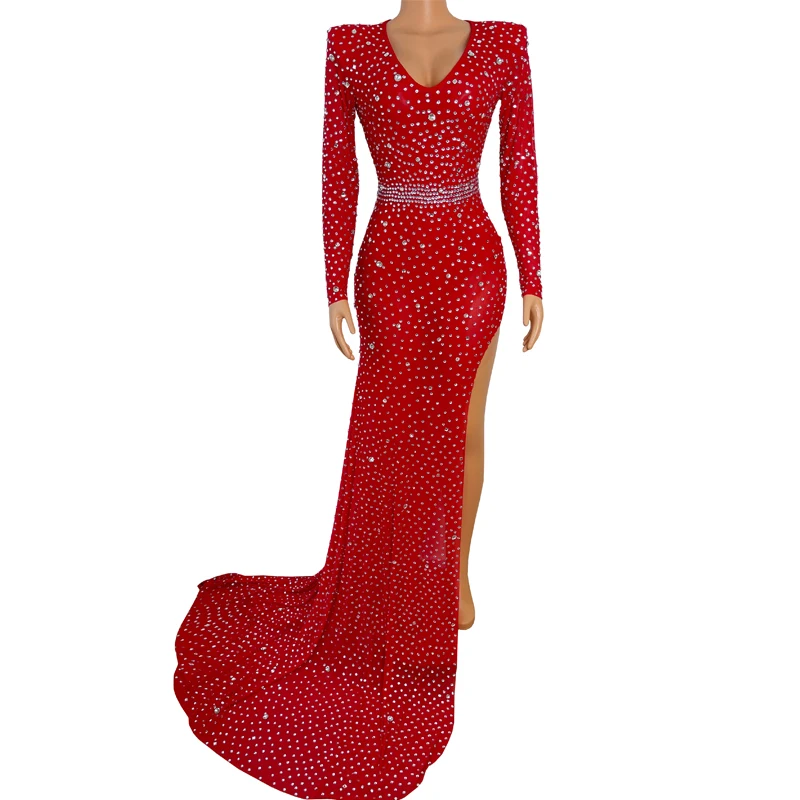 3 Renkler Siyah Kırmızı Çıplak Rhinestone Elbise Doğum Günü Kutlamak Akşam Uzun Tren Elbise Kadın Şarkıcı Dansçı Balo Kıyafet XS3173 2