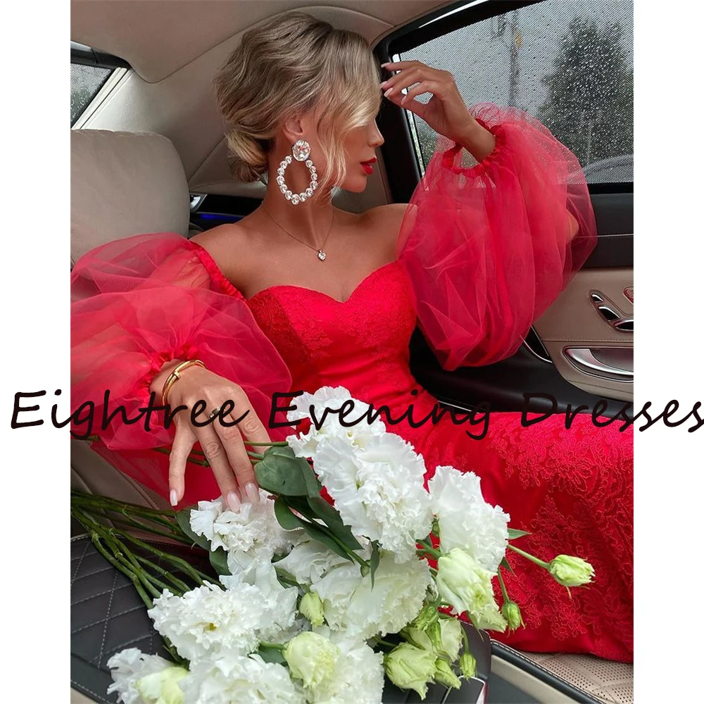 Eightree Arapça Kırmızı Dantel Abiye Aplikler Çiçek Kısa Örgün Parti Törenlerinde Kapalı Omuz Balo Elbise Vestidos de festa 2
