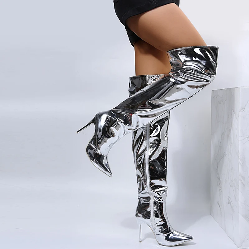 Kadın Botları Ayna Platformu Sivri Burun Punk Yüksek İnce Topuklu Diz Üzerinde Uzun Çizmeler Sonbahar Kış Zip Gümüş parti ayakkabıları 2