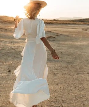11881 # Zarif Plaj Vintage Bohemian Yarım Kollu düğün elbisesi A-Line Şifon Derin V Yaka Dantelli Düğün gelin kıyafeti
