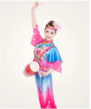 (085) Şakayık Nakış Çin Geleneksel dans kostümleri kare yangko fan dans kostümleri sahne performansı giyim davul giyim