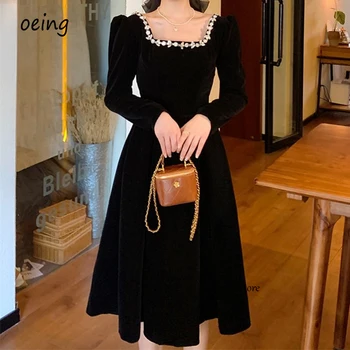 OEING Klasik Siyah Kadife Bir Çizgi Akşam Parti Elbiseler Uzun Kollu Kare Boyun Kristal Çay Boyu Kadınlar Örgün Balo abiye