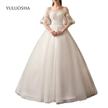 YULUOSHA düğün elbisesi 2020 Aplikler Dantel Organze O-boyun Dantel Up Elbise Zarif gelinlikler Vestido De Novia Elbise Düğün