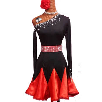 Yaz Latin Dans Yarışması Elbise Kadın Yetişkin Çocuk Uzun Kollu Siyah Kırmızı Uygulama Giyim Rumba Tango Samba Dans Kostümleri