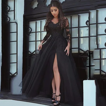 Siyah balo kıyafetleri V Yaka Aplikler A-Line Dantel Yüksek Yan Bölünmüş Tül Backless Uzun Kollu Abiye giyim Parti Mezuniyet Elbise