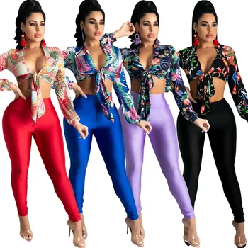 4 Renk Şık Moda Baskı Spor İki parçalı Set Seksi Uzun Kollu V Yaka Bandaj Üstleri Yüksek Bel Kılıf kalem pantolon 2 Adet Set
