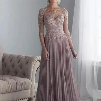 Anne Gelin Elbiseler Pilili Şifon Artı Boyutu Yarım Kollu Damat Düğün Kat Uzunluk Abito Mamma Sposa 0