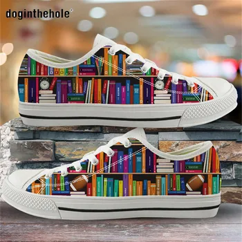 Doginthehole Kadın Plats Ayakkabı Sonbahar 2020 Kitaplık Baskı Düşük Üst Kanvas Ayakkabılar Kadınlar için Hafif Kauçuk Taban Ayakkabı Femma