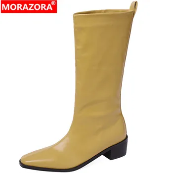 MORAZORA 2022 Yeni En Kaliteli Katı Orta Buzağı Çizmeler Kış Kalın Med Topuklu Ayakkabılar Üzerinde Kayma Hakiki Deri Kadın Botları