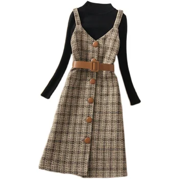 Iki Parçalı Set Elbiseler 2021 Kış Yeni Şık Örme Kazak+Düğmeler Ekose Sıcak Yün Elbise Kemer İle Rahat Kayış Vestidos