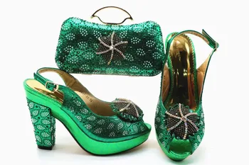 Harika yeşil kadınlar yüksek topuk ayakkabı maç çanta seti ile rhinestone çiçek tarzı afrika pompaları ve çanta için elbise X52