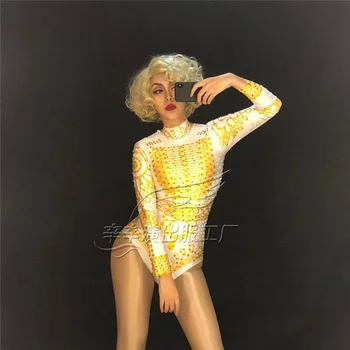 Yeni Seksi Moda Beyonce Elmas Köpüklü Kristaller Bodysuit Kutlamak Gece Kulübü Şarkıcı dansçı Performans Sahne Giyim Kostüm 4