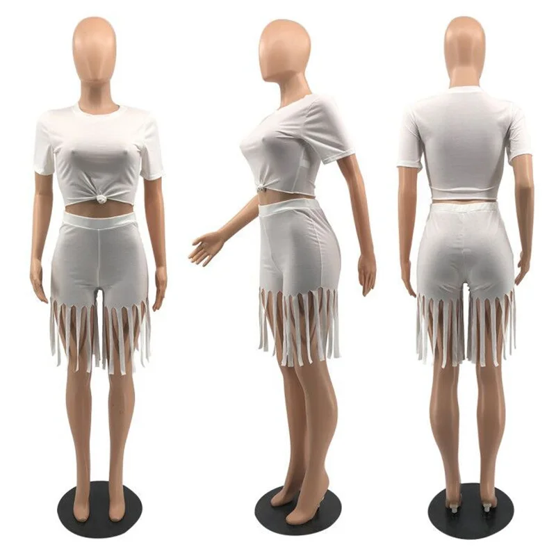 Adogirl S - 5XL Kadınlar Katı İki Parçalı Set kısa kollu tişört Kırpma Üst Püskül Şort Rahat Aktif Spor Takım Elbise Kadın Kıyafetleri 3