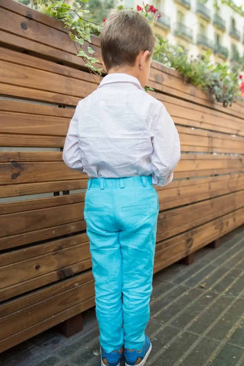Mavi Keten 2020 Yakışıklı Erkek resmi giysi Ceket Pantolon 2 Parça Set Takım Elbise Düğün Yemeği için Çocuk Çocuklar Smokin 3