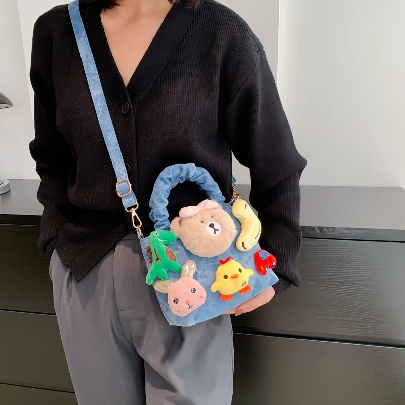 Moda Kova Çanta Kadın Denim Karikatür Oyuncak Çanta ve Çantalar Kadın Sevimli Bebek Tasarım omuz çantaları Tuval Crossbody Çanta 3