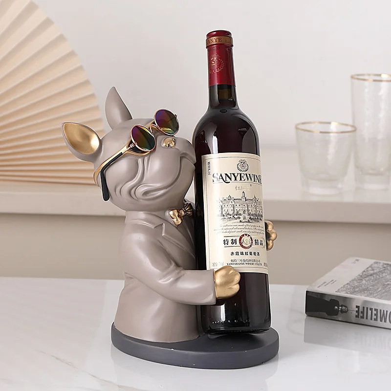 Modern Fransız Bulldog Şarap raflı dolap Hayvan Figürleri Şarap Bardağı Tutucu Masa Süsler Heykeli Ev Dekorasyon Oturma Odası 3