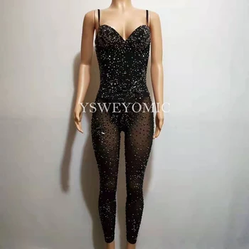 Sparkle Tam Siyah Rhinestones Mesh See Through Tulum Gece Kulübü Kadın Dans Gösterisi Bodysuit Tayt Doğum Günü Partisi Kıyafet Y48
