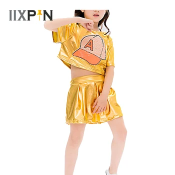 Çocuk Kız Caz dans kostümü Performans Kıyafet Parlak Metalik Kısa Kollu Sequins Kırpma Üst Etek Seti Hip Hop Dans Giyim