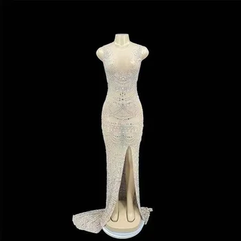 Sparkly Gümüş Rhinestone Ayna Elastik Kumaş uzun elbise Kadın Kolsuz Seksi Yüksek Bölünmüş Akşam parti giysileri Dans Düğün 0