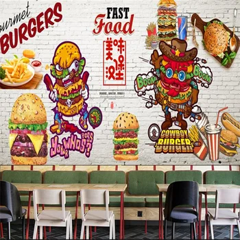Özel El Boyalı Karikatür Burger Duvar Kağıdı Endüstriyel Dekor Duvar Fast Food Restoran Snack Bar Arka Plan Duvar Papel Tapiz