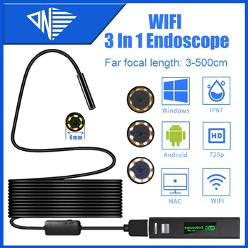 Wifi 8mm Uzak odak lensi 3 in 1 HD 720 P Endoskop IP68 Endüstriyel Tüp Mikro USB Tip-C Borescope Video Muayene için Android Ph