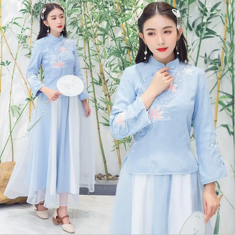 Klasik halk Kış kız cheongsam Çin vintage geleneksel tarzı boudoir tang maxi çay sanat takım elbise ceket + etek 4