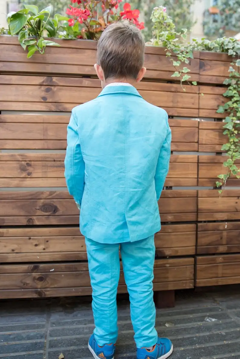 Mavi Keten 2020 Yakışıklı Erkek resmi giysi Ceket Pantolon 2 Parça Set Takım Elbise Düğün Yemeği için Çocuk Çocuklar Smokin 4