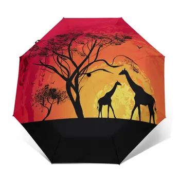 Zürafa Günbatımı Afrika Manzara Rüzgar Geçirmez Otomatik Katlanır Ters Şemsiye Taşınabilir Paraguas Adam Kadın için