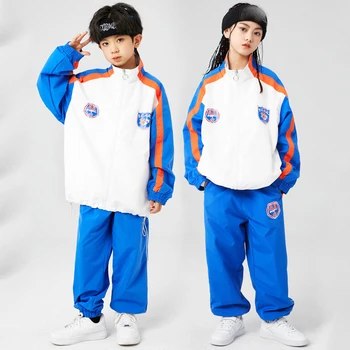 2022 Hip Hop Dans Performansı Kostümleri Çocuklar İçin Gevşek Mavi Ceket spor Pantolon Streetwear Çocuk Balo Salonu Caz Giyim DQS11519