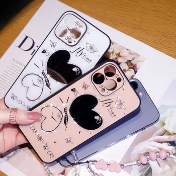 Glitter Rhinestone Güzellik Aynası Kılıfı iPhone 14 13 12 Mini 11 PromaX 7 8 Artı Lens Filmi Koruyun Kapak Boncuk Bilezik ile