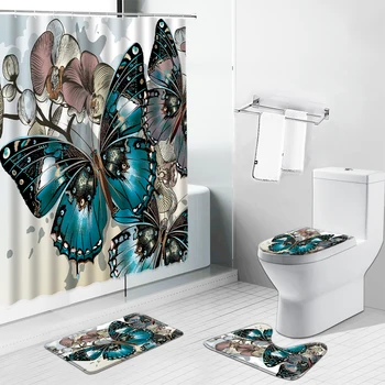 Kelebek Çiçek Baskı Duş perde seti Modern Çin Tarzı Çiçek Banyo Dekor Ekranlar Banyo Paspas Halı Tuvalet Kapağı Halı