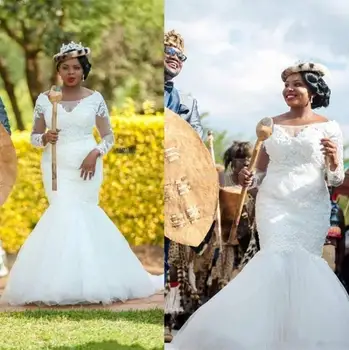 2020 Afrika Vintage Dantel Mermaid Ülke düğün elbisesi artı boyutu Seksi Şeffaf Uzun Kollu gelinlikler Vestido De Novia