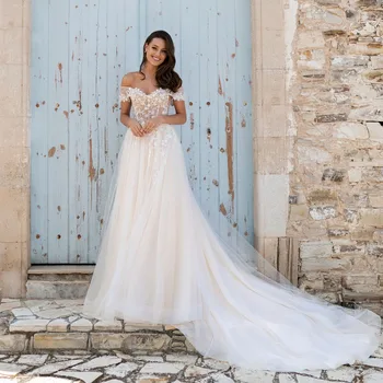 Thinyfull Prenses Kapalı Omuz Gelinlik Sevgiliye Bir Çizgi Gelin Elbiseler Tül Dantel Aplikler Vestido De Novia 2020