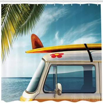 Sörf tahtası Tarafından Ho Me Lili Duş Perdesi Vintage Van Plaj Sörf Tahtası İle Çatı Yolculuk Gökyüzü Banyo Dekor Setleri