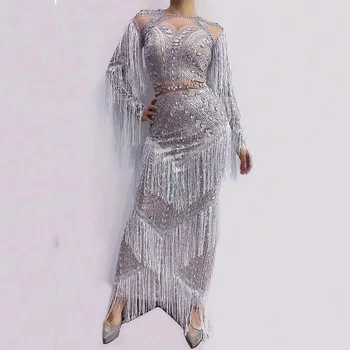 Gümüş Shining Kristal Püskül Seksi Bölünmüş uzun Elbise Kadınlar İçin Akşam Ziyafet Giyim Sahne Eğlence Şarkıcı Kostüm