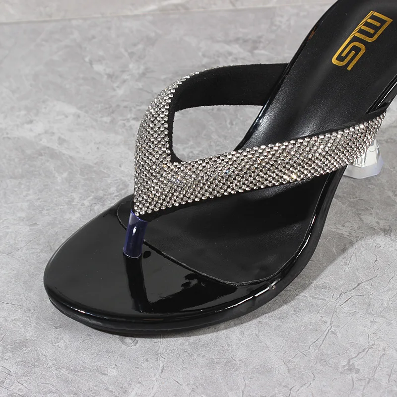 Kadın Modern Terlik Yaz Yeni Patent Deri Kristal Klip Ayak Yüksek Topuk Ayakkabı Ince Topuk Sarı Dışında Moda Kadın Slaytlar 5