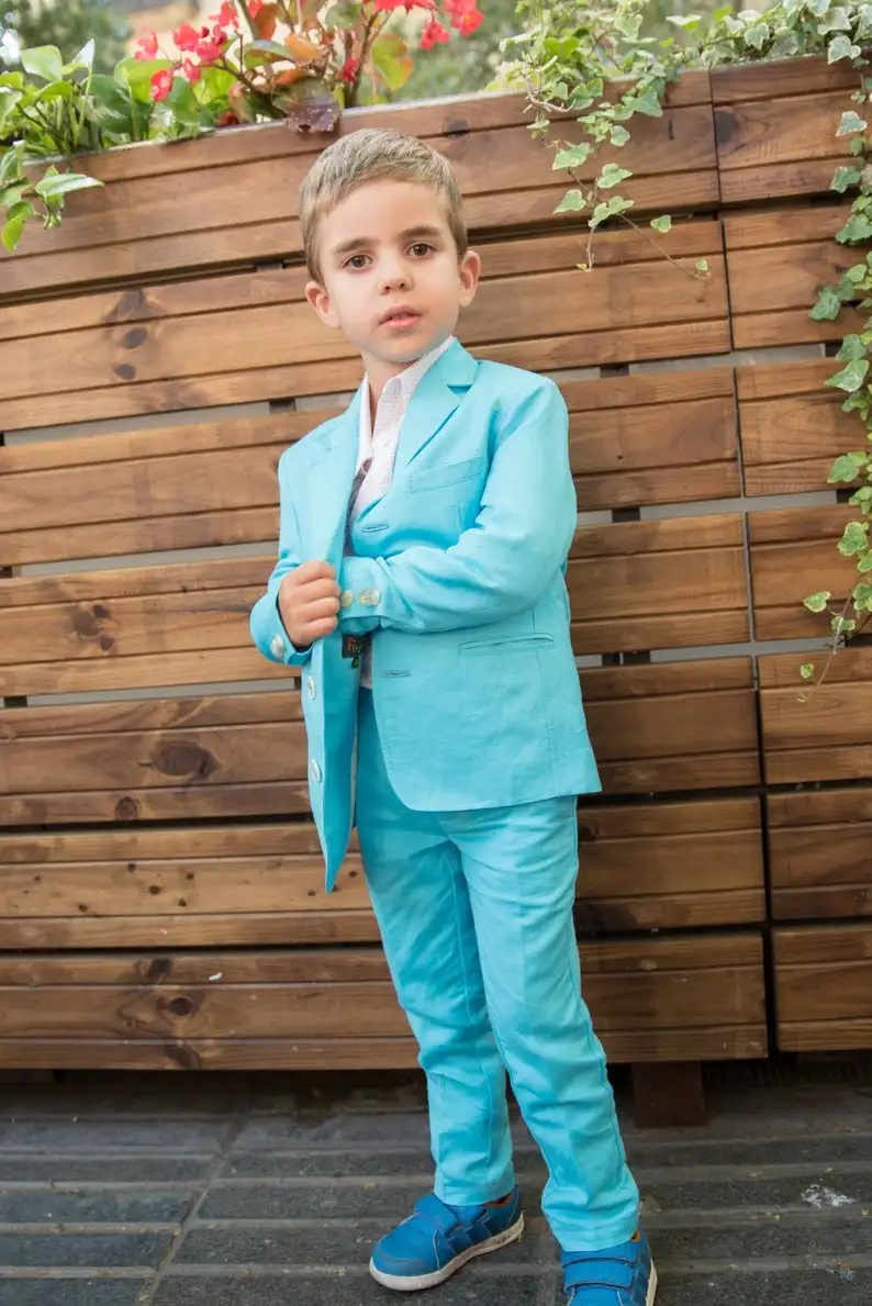 Mavi Keten 2020 Yakışıklı Erkek resmi giysi Ceket Pantolon 2 Parça Set Takım Elbise Düğün Yemeği için Çocuk Çocuklar Smokin 5