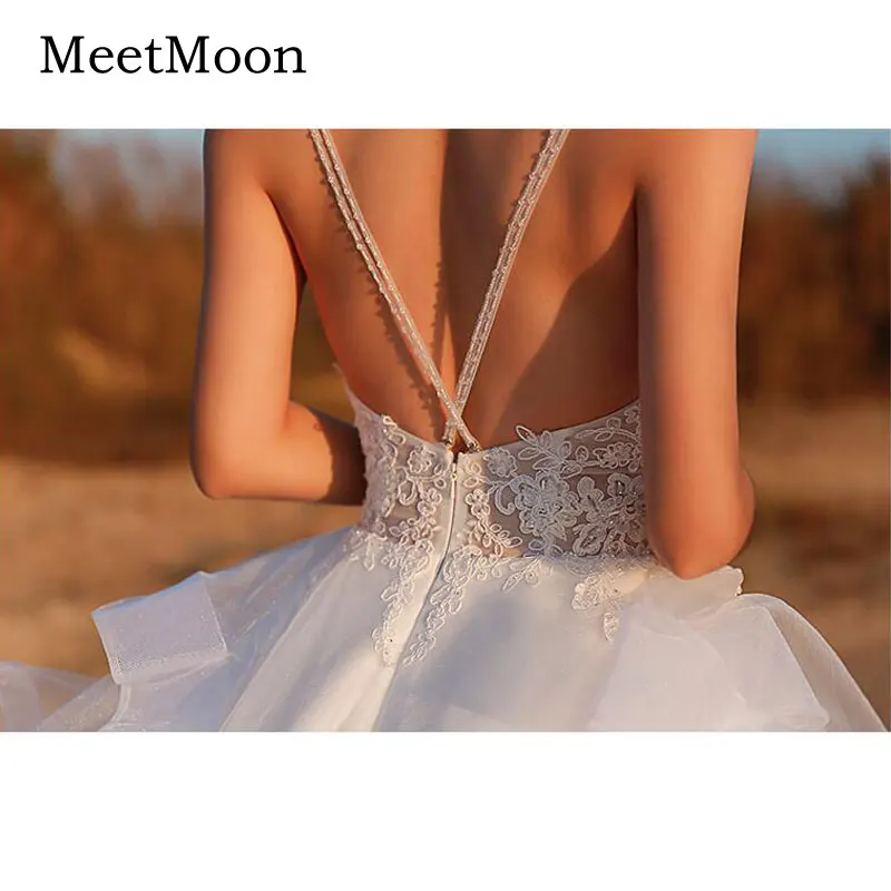 MeetMoon düğün elbisesi Çarpıcı Boncuklu Sapanlar Dantel Üst Backless Örgün Töreni Yemin Gelin Balo Yarı Katedrali Tren 5