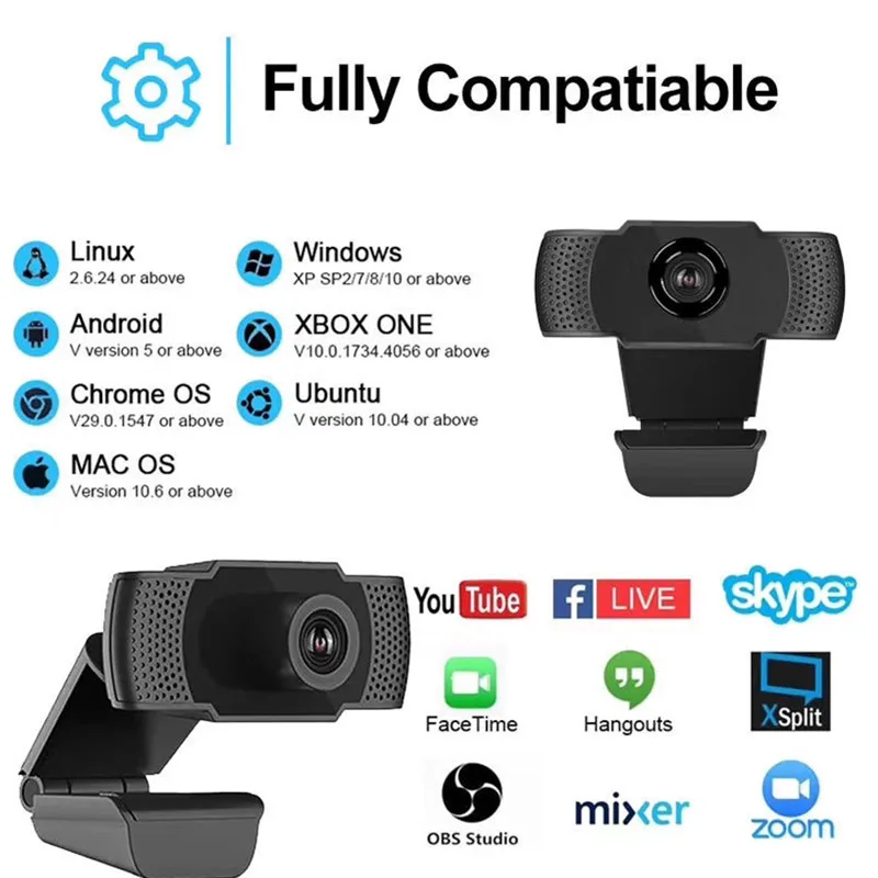 Süper Sıcak 1080P HD Webcam Web Kamera Dahili Mikrofon Otomatik Odaklama 90 ° Görüş Açısı Oynat ve Tak Ücretsiz Sürücü 5